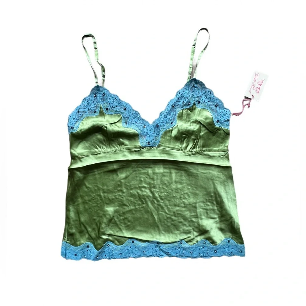 Gold Hawk Green Silk Lace Camisole Blue Trim Size M - Picture 2 of 7